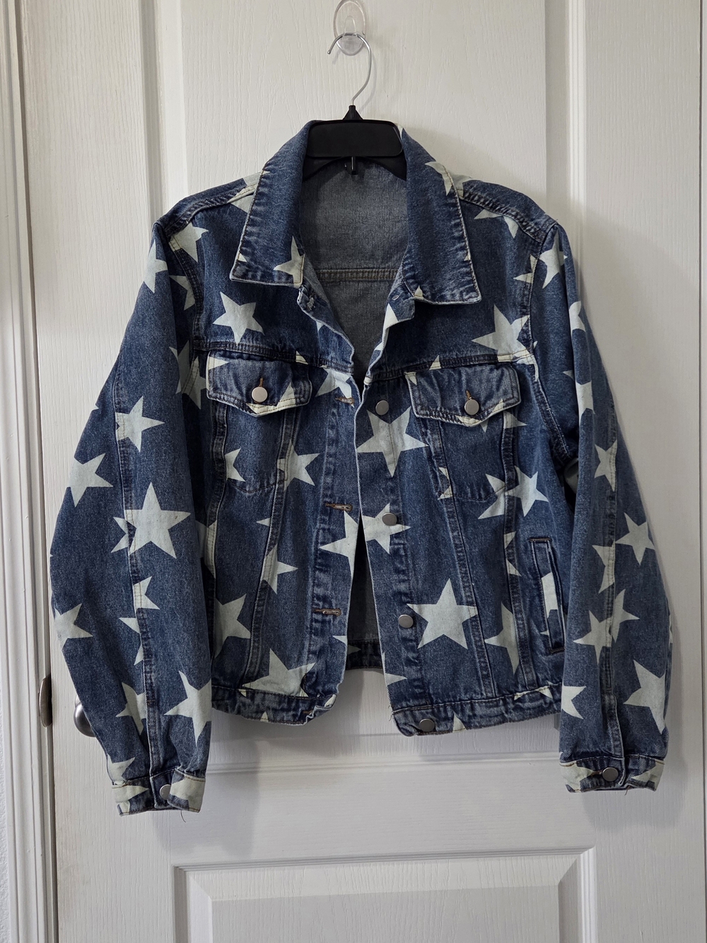 Women Star Print Denim Jacket - Blue